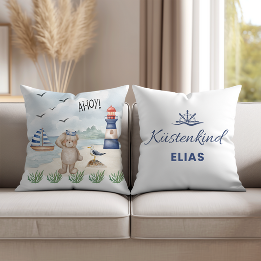 Kinderkissen mit Namen " Küstenkind Ahoi " für kleine Nordlichter