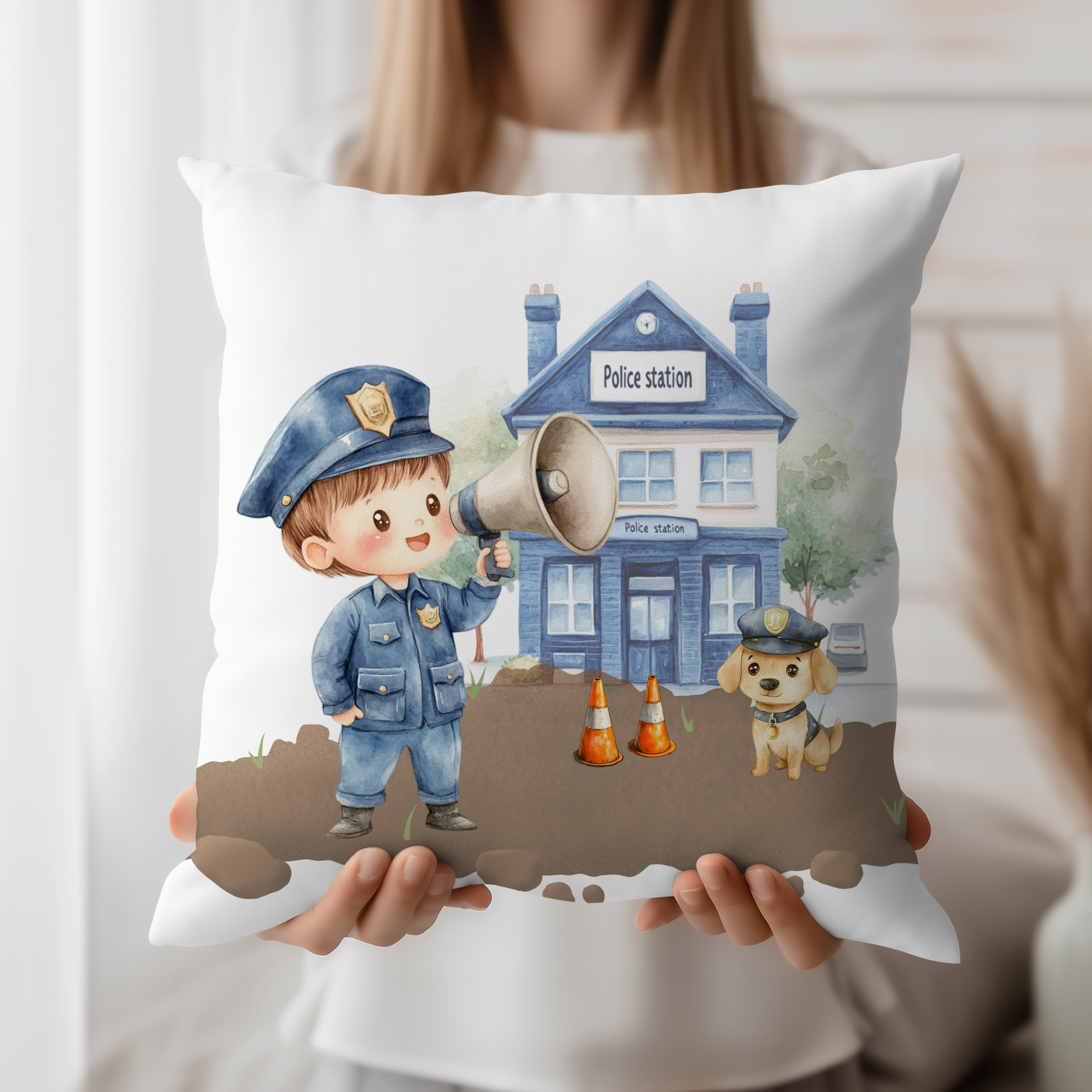 Detailaufnahme des handgezeichneten Polizei-Motivs auf dem Kissen – exklusive und außergewöhnliche Kinderzimmer-Deko nur bei uns