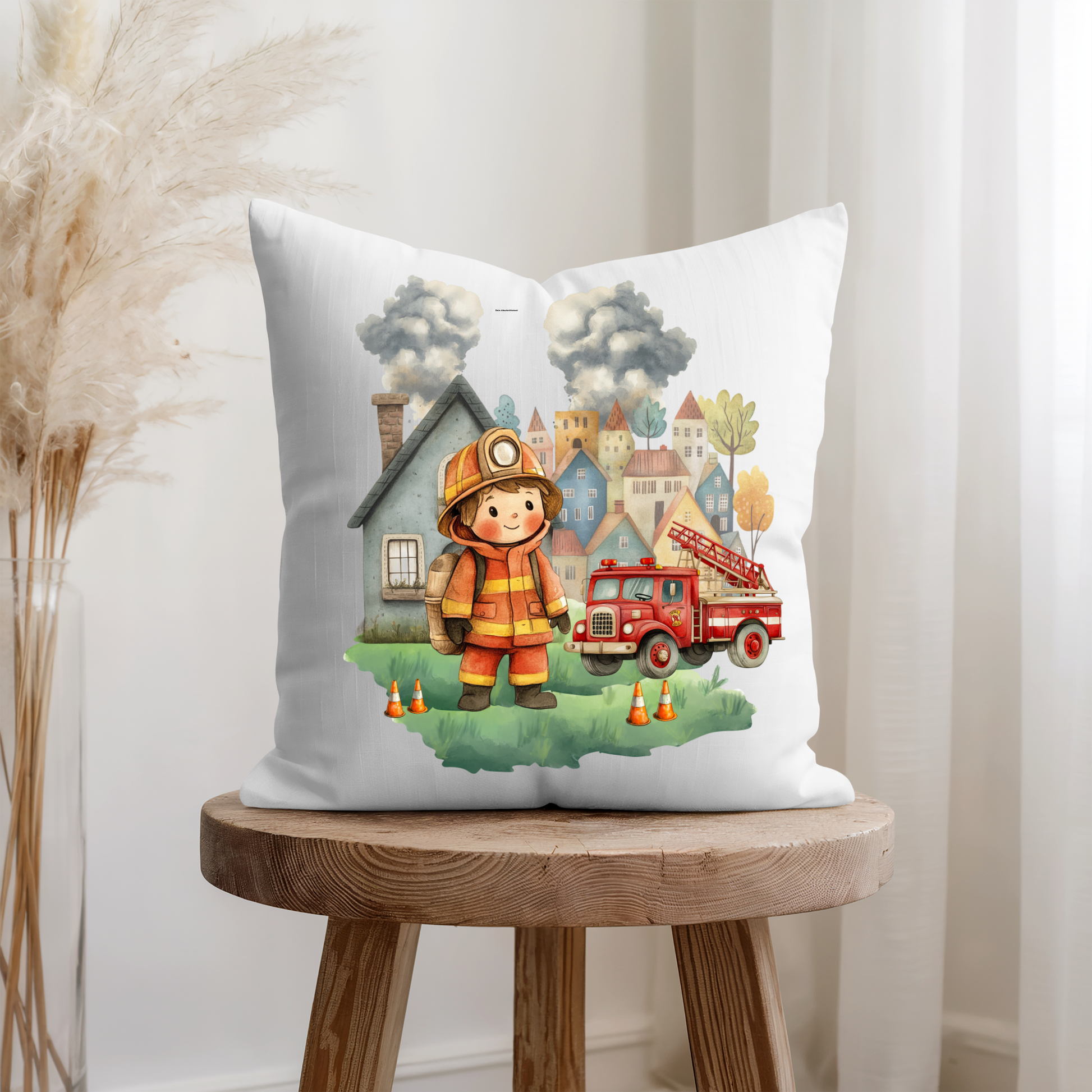 Detailreiches Feuerwehr Motiv mit rotem Löschfahrzeug Leiterwagen und rauchenden Häusern auf Kissenbezug