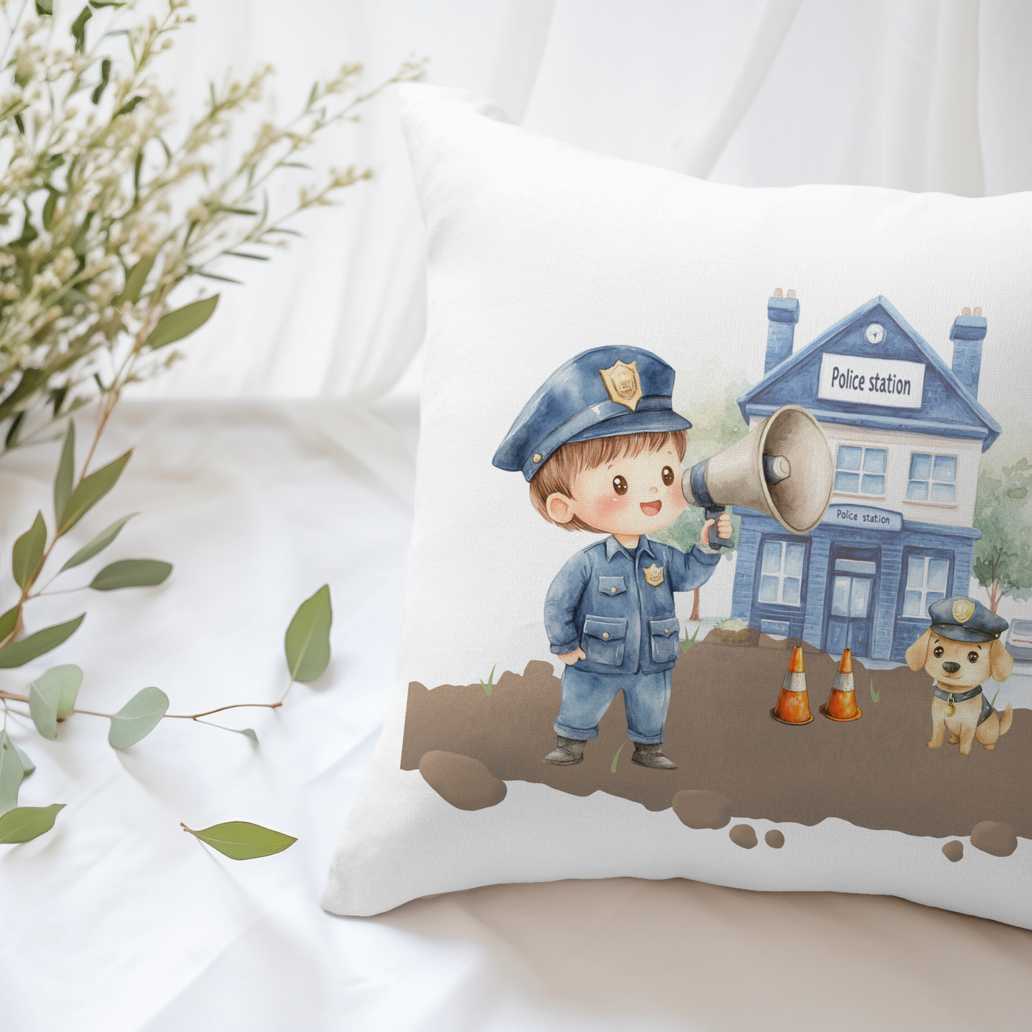 Einzigartige Kinderzimmergestaltung mit Polizei-Motiv: Personalisiertes Deko-Kissen für die Kuschelecke oder das Kinderbett