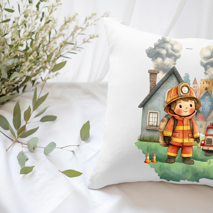 Quadratische Kissenhülle 45x45 cm für kleine Retter robustes Material für die Spielecke im Feuerwehr Stil