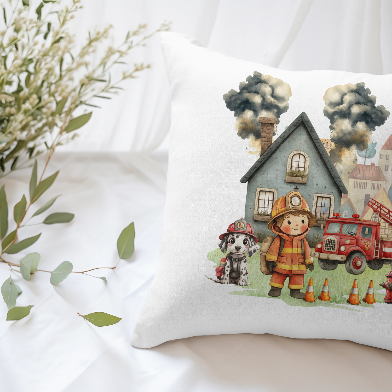 Exklusives Kinderkissen mit Name und Feuerwehrmotiv von for little moments.