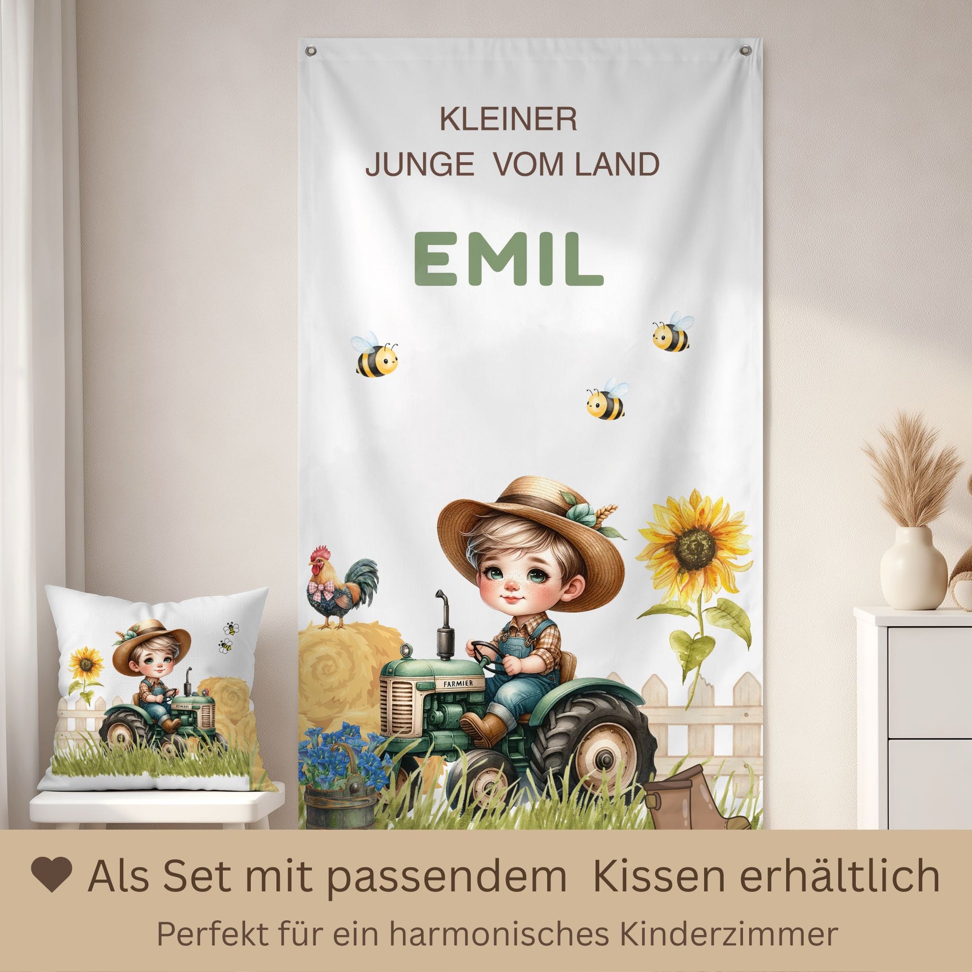 Kinderzimmer Deko Set personalisiert mit Name Emil, Wandbanner Bauernhof mit Traktor und passendes Kissen, Jungenzimmer Dekoration