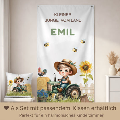 Kinderzimmer Deko Set personalisiert mit Name Emil, Wandbanner Bauernhof mit Traktor und passendes Kissen, Jungenzimmer Dekoration