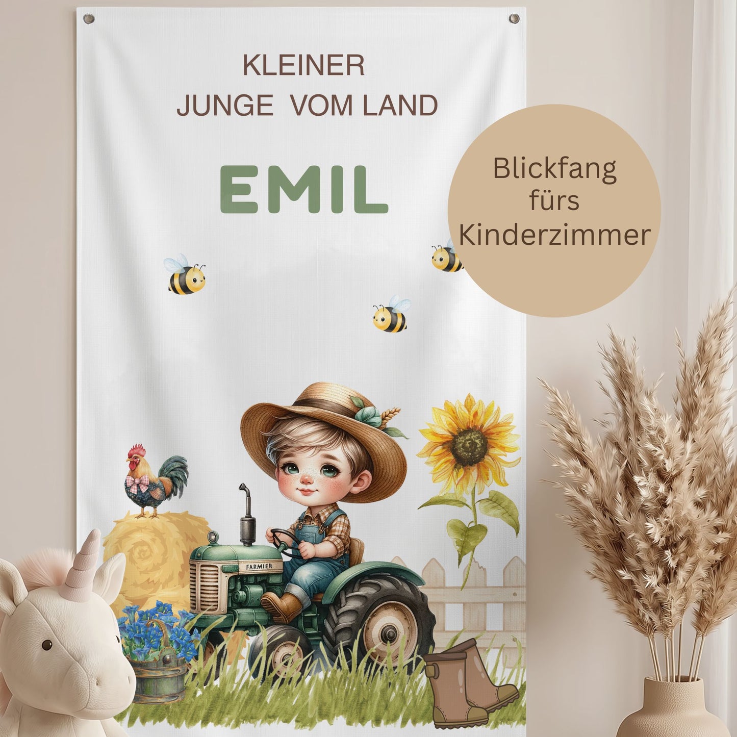 Personalisiertes Kinderzimmer Wandbanner mit Name Emil, Bauernhof Motiv mit Traktor, dekorativer Blickfang für Jungenzimmer