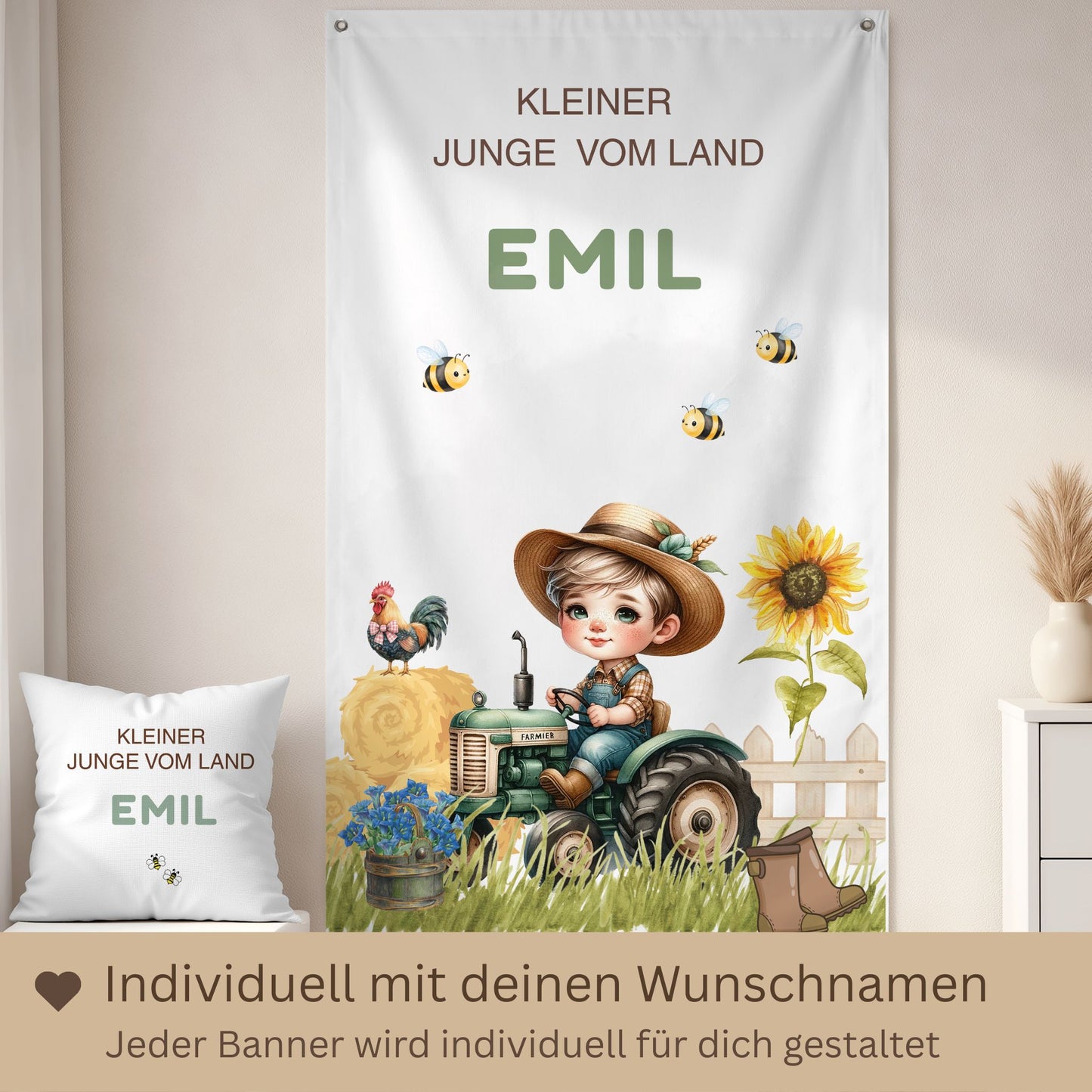 Personalisiertes Kinderzimmer Wandbanner mit Name Emil, Bauernhof Motiv mit Traktor