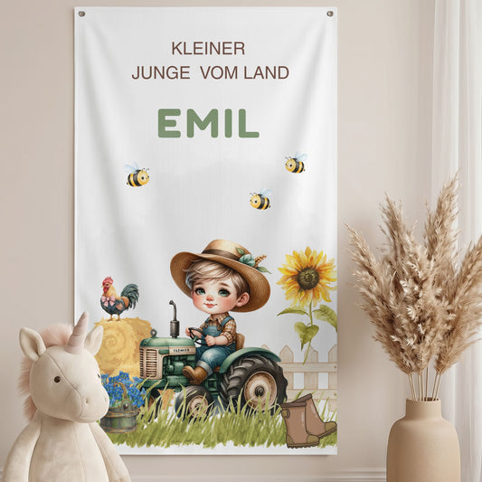 Personalisiertes Kinderzimmer Wandbanner mit Name Emil, Bauernhof Motiv mit Traktor, Bienen und Sonnenblume, Jungenzimmer Deko